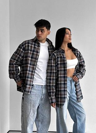 Сорочка чоловіча жіноча family look в клітинку вільного крою на гудзиках подовжена