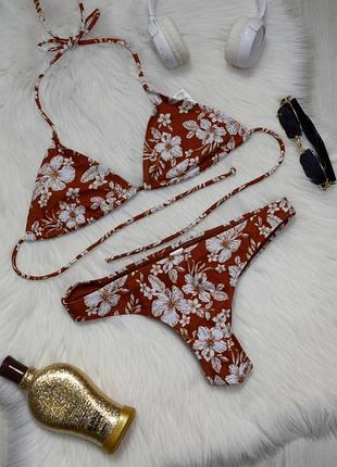 Купальник роздільний квітковий коричневий трикутнички