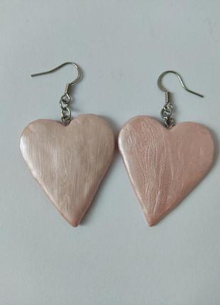 Розовые серьги сердечки, с переливанием, перламутр, ручной работы