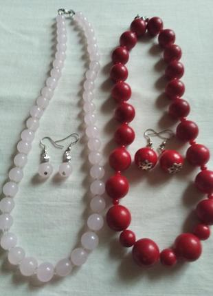 Намисто і сережки натуральний рожевий кварц і червоний корал