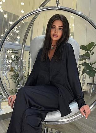 Шовковий костюм у піжамному стилі штани широкі палаццо і + сорочка жіночий базовий стильний шоколадний чорний