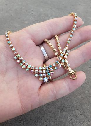 Кольє чокер ланцюжок чехія австрія кристали аврора бореалис, вінтаж 60х позолота ідеальний
