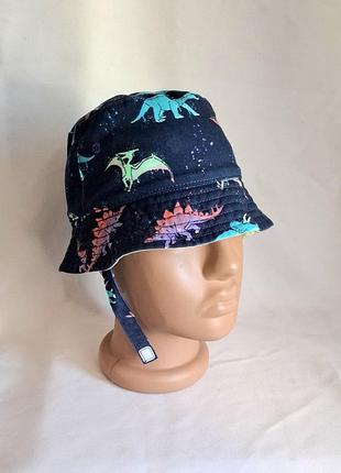 Панама m&s двусторонняя темно-синяя/салатовая динозавры детская на 1-1,5 года