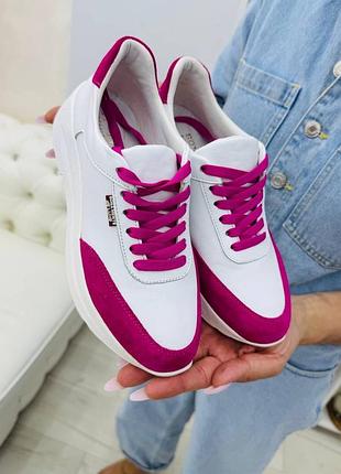 Кожаные кроссовки белые + фуксия деми зима