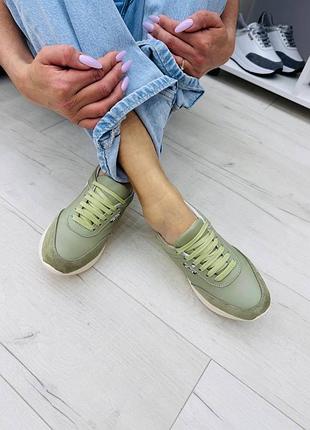 Кожаные кроссовки авокадо оливка кроссы из натуральной кожи и замши
