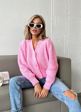 Розовый вязаный кардиган с 50% шерстью короткий кардиган на пуговицах