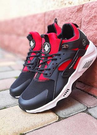 Мужские качественные и стильные кроссовки nike air huarache x fragment design черные с красным