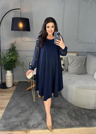 Платье длинное миди свободного кроя больших размеров 52-66 темно-синее