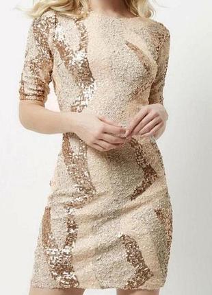 Нарядна святкова міні сукня плаття паєтки золотиста бежева блискуча river island