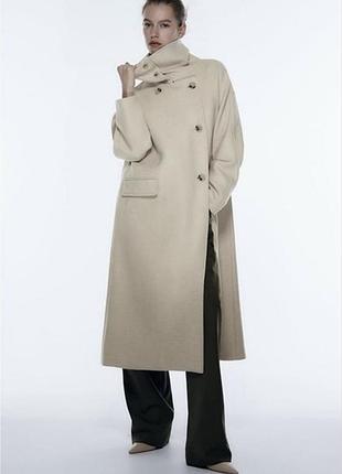 В наличии🔥 новое шерстяное пальто zara оригинал молочное пальто оверсайз с высоким горлом