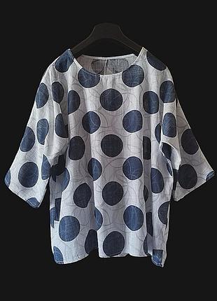 Льняная удлиненная свободная блуза бохо рубаха оверсайз в горохи блуза из льна марлевка рубашка женская бохо италия сорочка лен батал