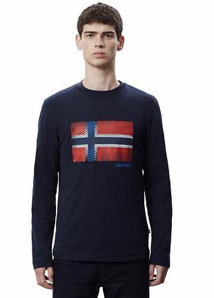 Napapijri mens blue long sleeve t-shirt center graphic print crew neck мужской лонгслив с принтом