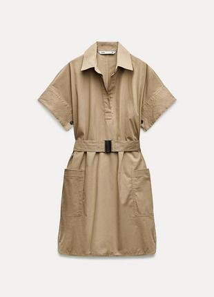 Новое платье сафари бежевое хлопковое с поясом с карманами zara