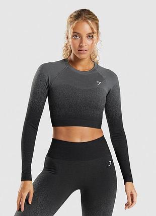 Рашгард спортивний кроп із довгим рукавом укорочений сірий чорний gymshark adapt long sleeve seamless crop top xs