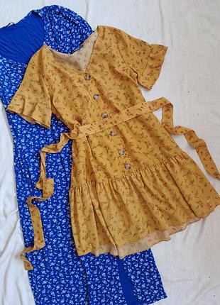 Платье халат рубашка на пуговицах в цветочный принт с поясом и воланами рюшами