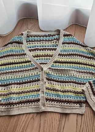 Синьо-бежевий жіночий смугастий укорочений кардиган tom tailor denim2 фото