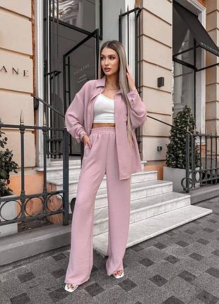 Суперовый трендовый брючный костюм из креп жатки женская рубашка оверсайз и брюки брюки летний