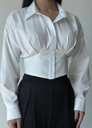Жіноча сорочка рубашка біла котонова бавовняна з натуральної тканини укорочена корсетна з імітацією корсету