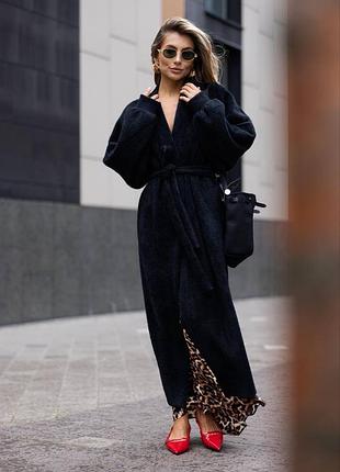 Теплый кардиган с ворсом под пояс