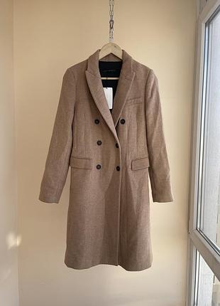 Двубортное шерстяное кэмэл миди пальто zara woman wool blend double-breasted midi cost camel 2015 m