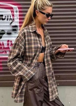 Новая длинная рубашка оверсайз- s/l. сорочка, коричневая рубашка в клетку