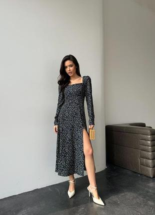 Бавовняна сукня міді з квітковим принтом, з розрізом на нозі, плаття з бавовни