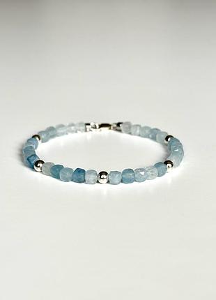Браслет из натурального аквамарина с серебром