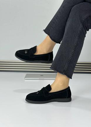 Лоферы женские натуральная замша цвет черный