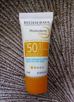 🌅 увлажняющий солнцезащитный крем bioderma photoderm cream spf50+ для чувствительной и сухой кожи миниатюра/пробник