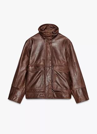 Коричневая женская кожаная куртка zara new4 фото
