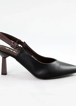 Жіночі стильні чорні човники туфлі-босоніжки шкіряні з відкритою п'ятою на підборі,весняні,літні