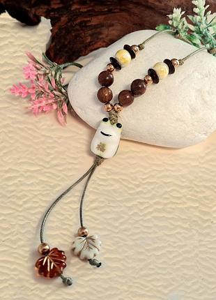 🌳🐸кулон колье для девочки "забавная лягушка" в эко-стиле на шнурке керамика, дерево