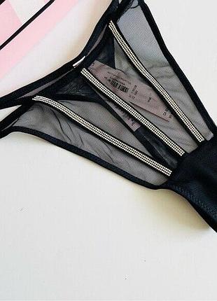 Трусики victoria's secret подарок с упаковкой. черные стринги с 5 полосками страз. танцы х...