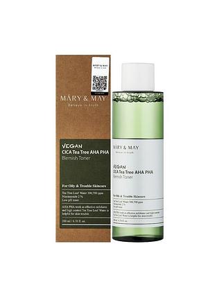 Кислотный тоник, тонер с чайным деревом mary&may cica tea tree aha pha blemish toner