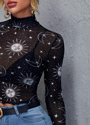 Укороченный топ лонг в принт ✨ shein ✨лонслив сеточка лонг в сетку с принтом