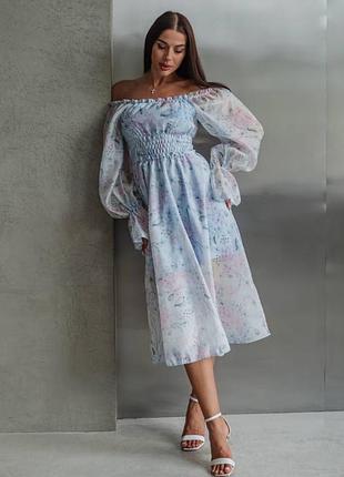 Платье женское миди с открытыми плечами, рукавами фонариками талия на резинке летнее платье из органзы в цветочный принт белое праздничное женское платье батал