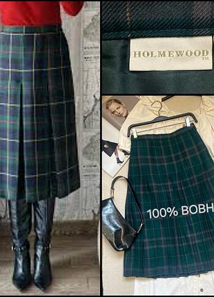 Шерстяная юбка миди holmewood зелёная в клетку в складку расширенная