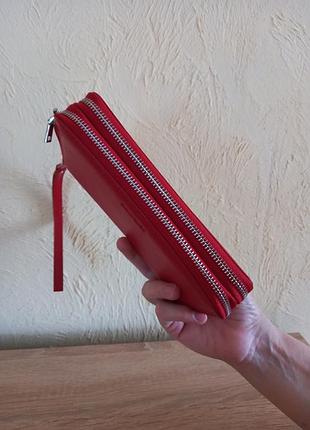 Кошелек кожаный большой красный на 2 молнии