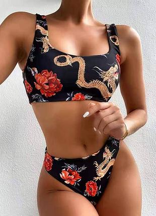 2291 чорний роздільний купальник квіти і дракон у китайському стилі з топом