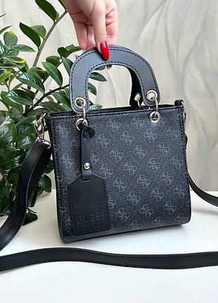 Женская сумка сумочка маленькая квадратная черная с узорами кожаная из эко кожи с короткими ручками и длинным ремешком через плечо