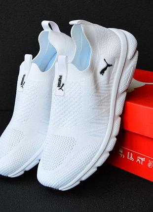 Puma мокасины белые с черным знаком кроссовки женские текстильные сетка легкое отличное качество весенние летние демисезонные пума тапки