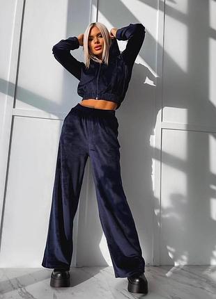 🌈7! шикарный велюровый женский темно синий костюм худи худи штаны джоггеры женcкий с капюшоном на замке синий велюр бархат