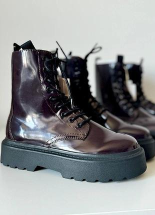 Лаковые сапоги на шнуровке цвета бургунди zara 36 размер (22,9 см)