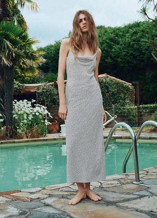 Zara біла літня сукня-міді в гороховий принт на бретельках