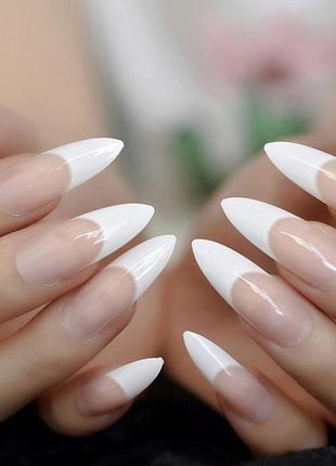 24 шт накладні нігті довгі загострені міндаль пудрові мигдаль білий френч