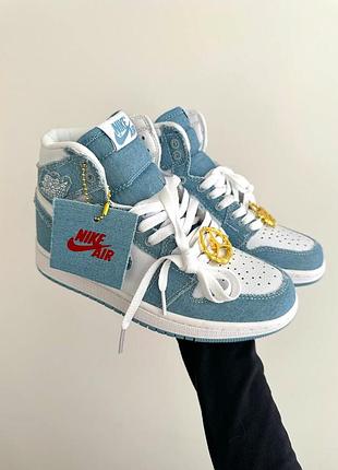 Стильные женские высокие кроссовки nike air jordan 1 retro high denim white blue джинсовые