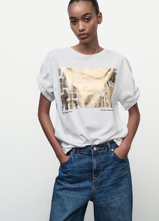 Оверсайз футболка с металлизированным принтом zara, новая коллекция, размер s, l