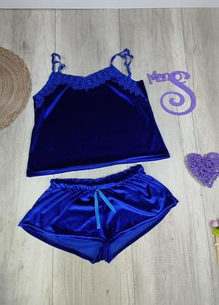 Женская велюровая пижама versall комплект шорты и майка синего цвета размер l (48)