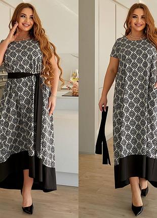 Удлиненное сзади платье свободного кроя с поясом 50-56 р-р