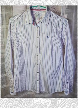 Белая женская рубашка в голубую полоску от английского бренда crew clothing, размер 10